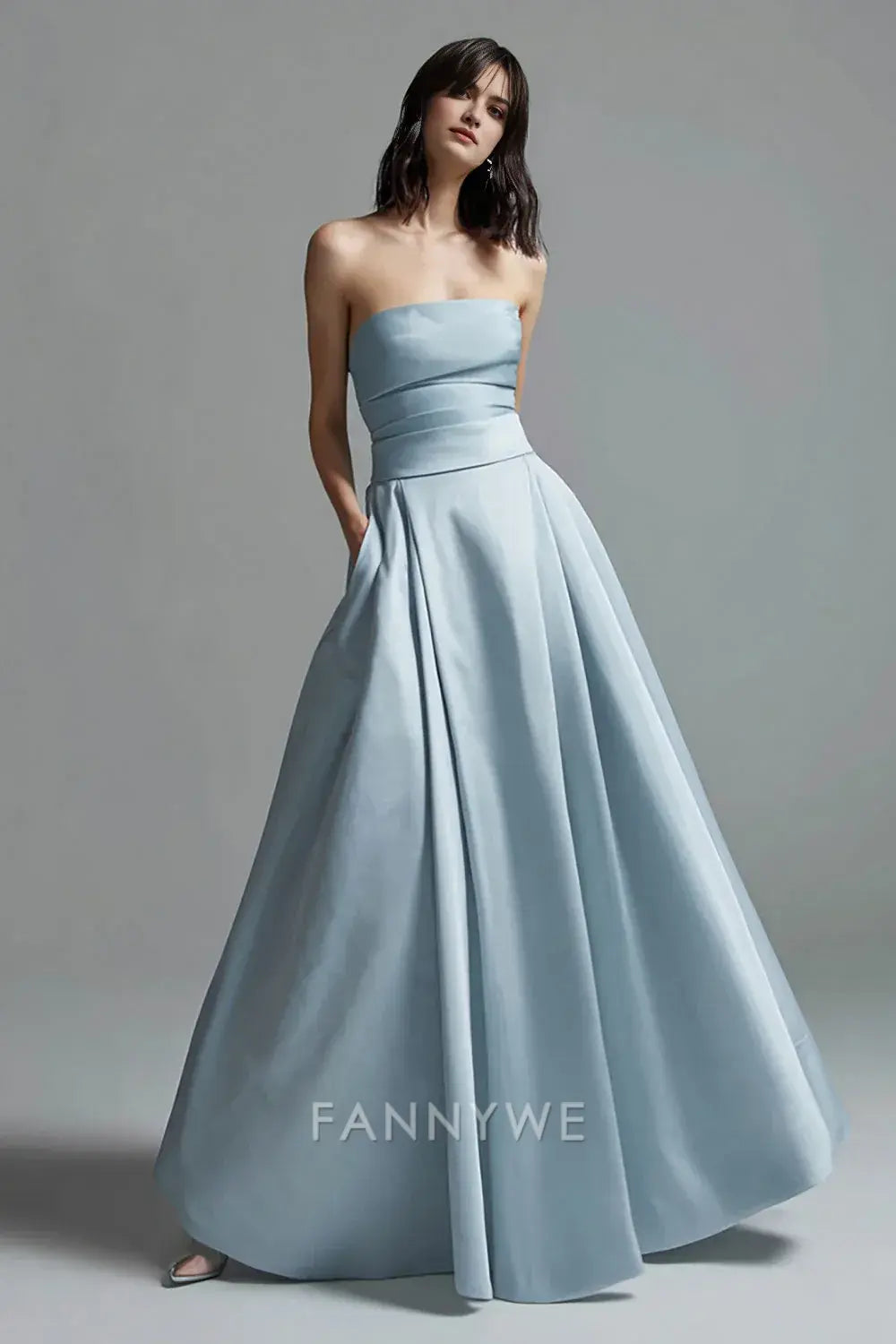 FannyWe Elegant Sky Blue A Line Satin Strapless Ruched Long Formal Dress formal wear dresses
